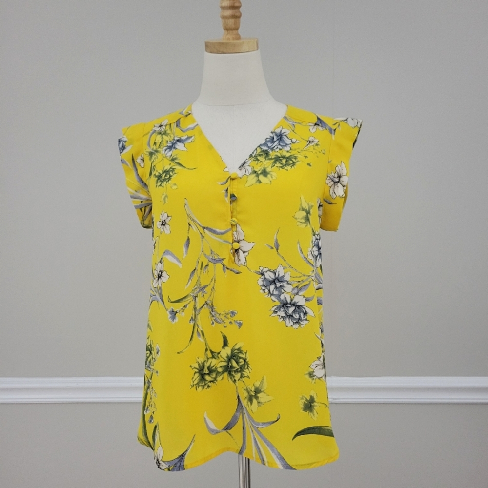 PLEIONE V-neck Yellow Floral High Low Top Size XSP